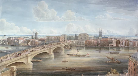 Eine weitere Ansicht der neuen London Bridge, zeigt die Westfront, Blick nach Southwark, und gibt eine entfernte Ansicht von Surrey, 1838